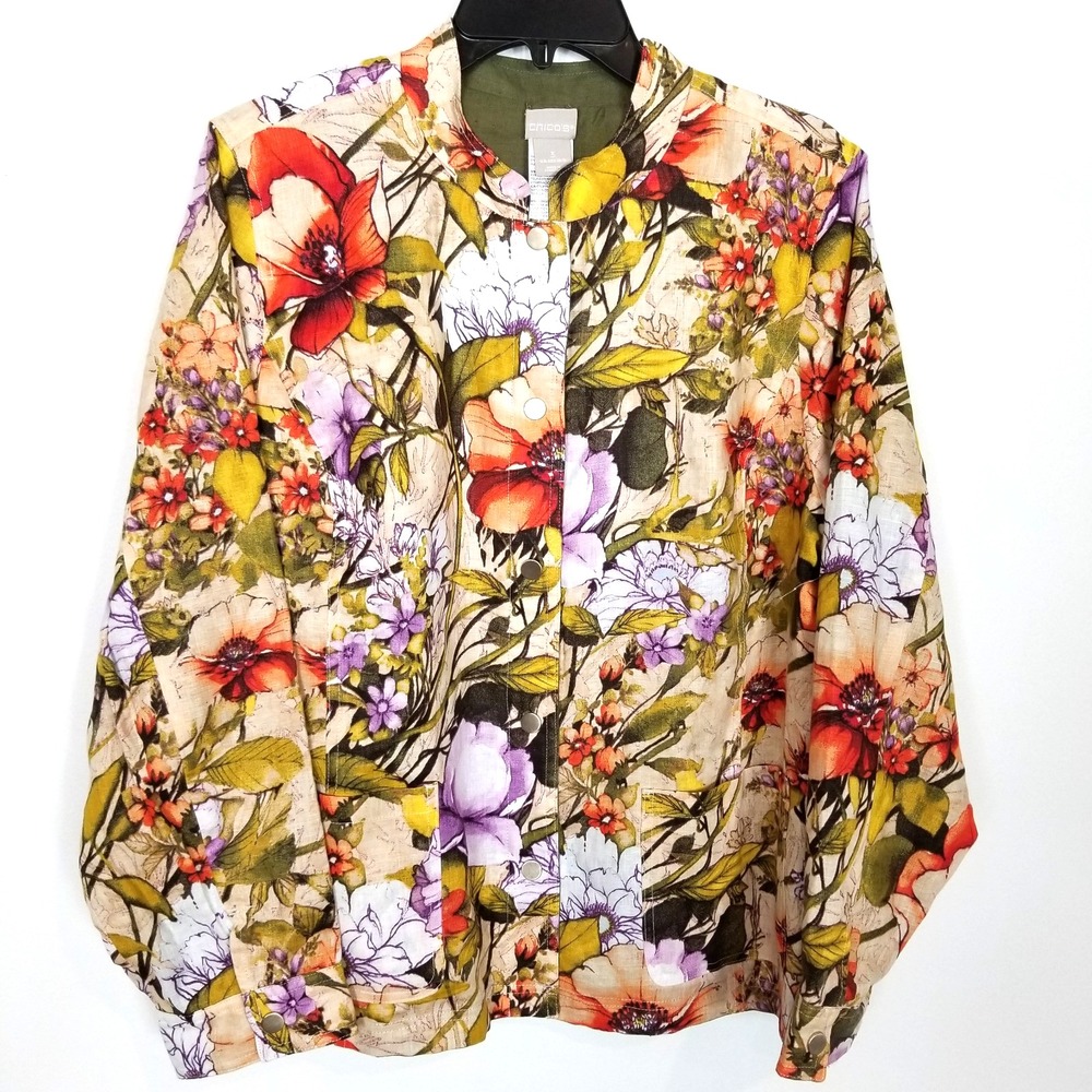 Chico's Women 100%  Linen Reversible Army Green & Floral Jacket Sz XL Snap Front